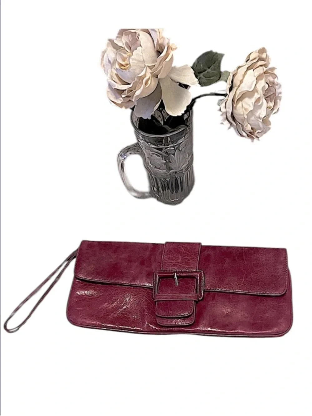 Hobo International Boho Burgundy Rust Distressed Leather Wristlet Clutch Bag